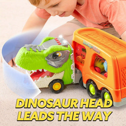 T-Rex Carrier Truck Toy with 6 Mini Rubber Dinosaur Cars LED Lights & Roaring Sound – Sliding Ramp Launch Two-Level Storage Transport Vehicle for Toddlers Kids Ages 2-6 Birthday Gift Boys Girls