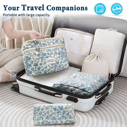 Quilted Floral Makeup Bag Set 3PCS Large Capacity Dual Layer Cotton Cosmetic Bags Coquette Aesthetic Travel Toiletry Organizer Gift for Women Girls Blue Rose Pink