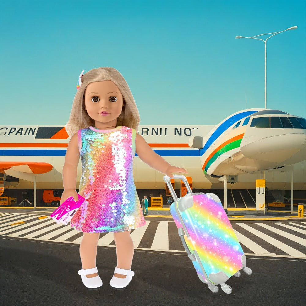 18 Inch Doll Travel Accessories Set 24 Pcs – Suitcase Dress Handbag Shoes Glasses Passport Bank Card Tickets Hairbands & U-Pillow, Fits American Girl Dolls School Adventure Gift for Girls Ages 3+ No Doll