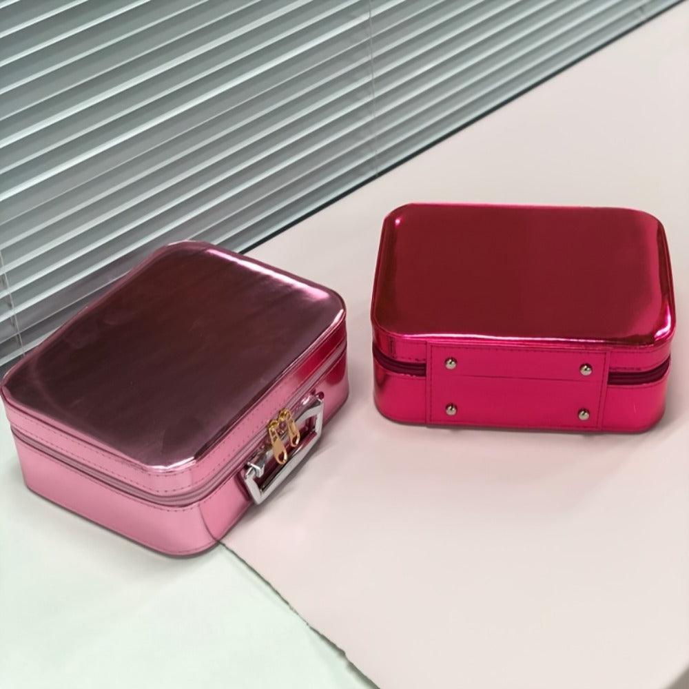 Glitter Makeup Travel Case Hard Shell Large Capacity Flat Lay Organizer Luxury Cosmetic Storage Box for Women Portable Fits in Suitcase Gold Rose Red Pink Size L Beauty Gift