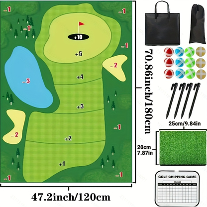 Golf Chipping Game Mat Set for Adults - Indoor Outdoor Golf Game Equipment with 12 Sticky Balls, 4 Ground Stakes, Score Card & 2 Storage Bags, Fun Golf Game for Home Backyard Office