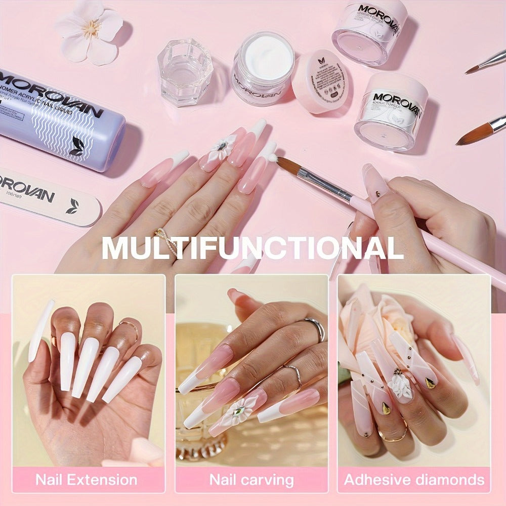 Complete Acrylic Nail Art Kit with Glitter — Pink Clear White Acrylic Powder 12 Color Glitter Powder Nail Liquid Clippers Full Tool Set All-in-One Manicure Gift for Nail Lovers