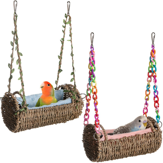 Parrot Nest with Mat Rattan Swing Toy All Season Bird Hammock Hanging Perch for Baby Parrots Cockatiels Conures Budgies Colorful Chain Included