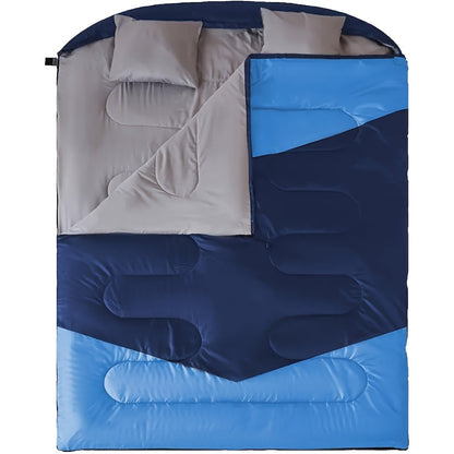 Double Sleeping Bag XL with Pillow for Two Adults – 2-Person Couple Sleeping Bag for Year-Round Camping, Hiking & Backpacking in Cold & Warm Weather, 90.6x61 Inch