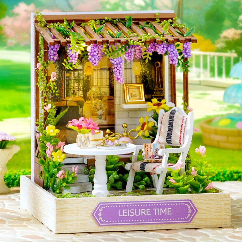 DIY Wooden Tiny House Kit with Dust Cover – Handmade Miniature Dollhouse Puzzle, 3 Themes Afternoon Tea Rotating Food House Moon Magic, Creative Home Decor Gift for Adults & Teens Birthday Christmas