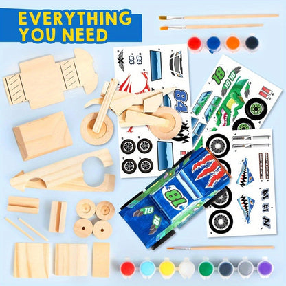 Build and Paint Wooden Vehicle Kit for Kids 144 Pieces – Race Car Motorcycle Monster Truck, 12 Colors 3 Brushes Racing Decals, STEM Craft Gift for Boys Ages 6 7 8 9 10