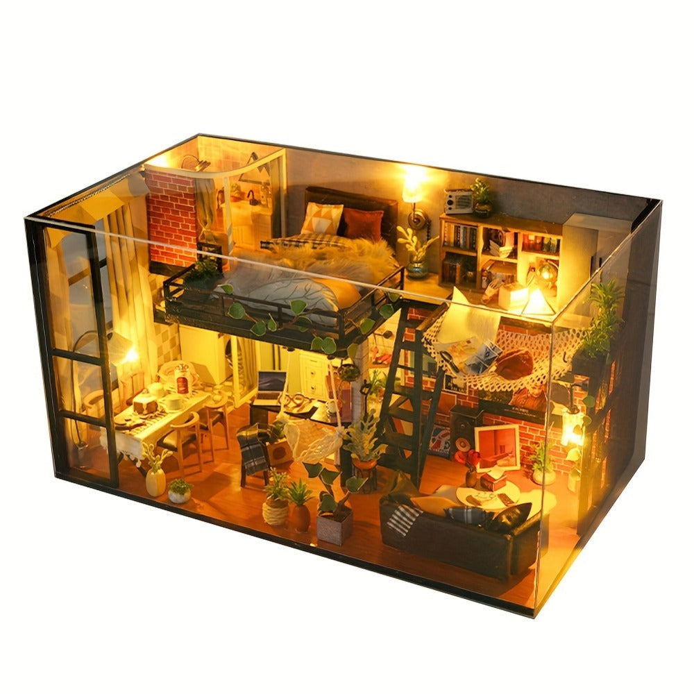 DIY Dollhouse Kit 2 Story with Dust Cover – Handmade Miniature House Model with Furniture Parts, No Glue No Batteries, Creative Build & Display Toy, Christmas Birthday Gift for Girls Teens & Adults