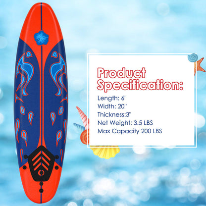 Foam Surfboard 6ft Beginner Surfboard EPE Deck EPS Core 3 Detachable Fins Safety Leash 200lbs for Kids Adults Ocean Beach River Pool Yellow White Red