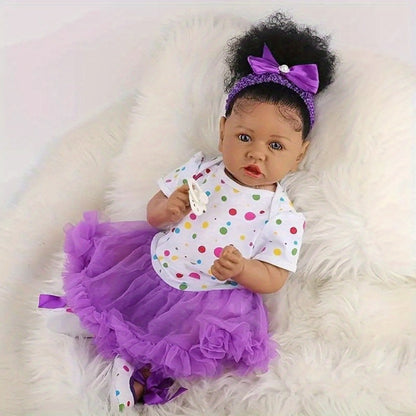 African American Reborn Baby Doll 21.5 Inch Full Vinyl – Curly Hair Black Girl Doll, Hand-Painted Lifelike Skin, Collectible Art Doll, Birthday Christmas Holiday Gift for Kids Ages 3+ & Collectors
