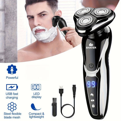 Men's Electric Shaver 3D Floating Head with LED Display - Rechargeable Washable Cordless Rotary Shaver for Home & Travel, Close Smooth Shave, Great Gift for Men, Boyfriend & Valentine's Day, 2-Pack