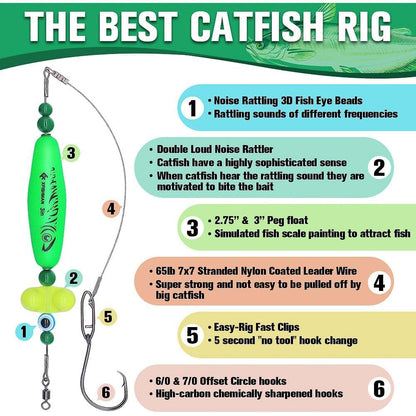 Catfish Rig Santee Cooper Float with Rattler 4pcs Set, Catfishing Tackle Rattle Float Rig for Bank Fishing, High-Quality Circle Hooks Sound Wave Lure for Freshwater Catfish, 2.5 Inch Green