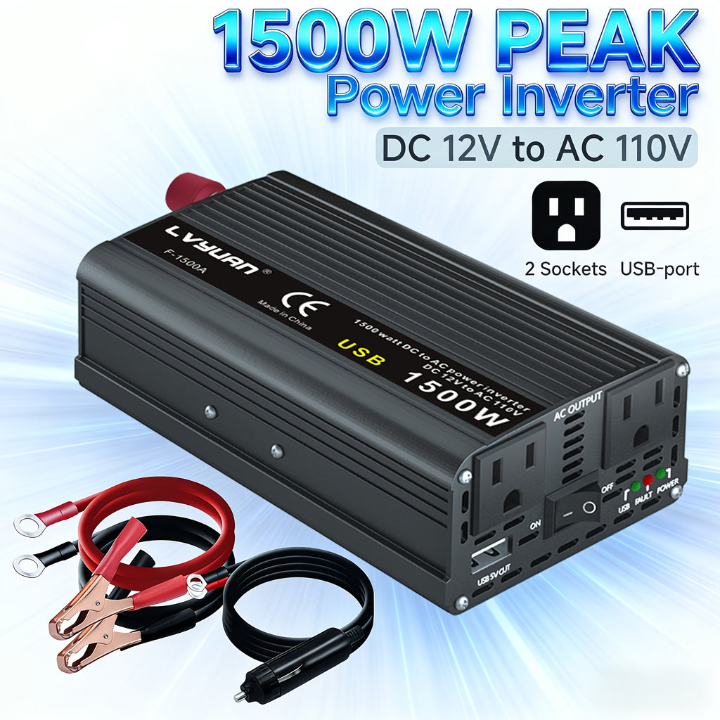 LVYUAN 1500W Peak Car Power Inverter, DC 12V to 110V AC Converter with 2 AC Outlets And USB Charging Port, Built-In Cooling Fan And Multiple Safety Protections for Car, RV, Truck, Camping, Off-Grid Emergency Use