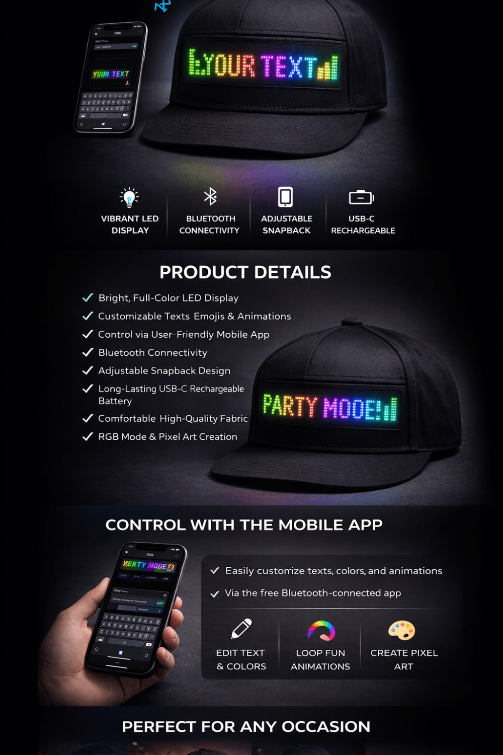 Programmable LED Hat App Controlled Scrolling Text Light Up Baseball Cap for Men Women Parties Halloween Christmas Gift USB Charging