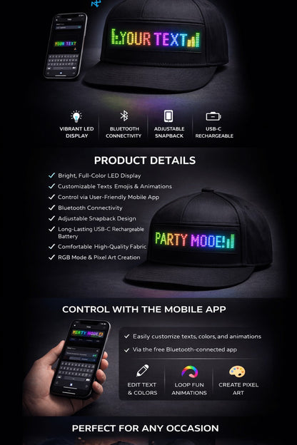 Programmable LED Hat App Controlled Scrolling Text Light Up Baseball Cap for Men Women Parties Halloween Christmas Gift USB Charging