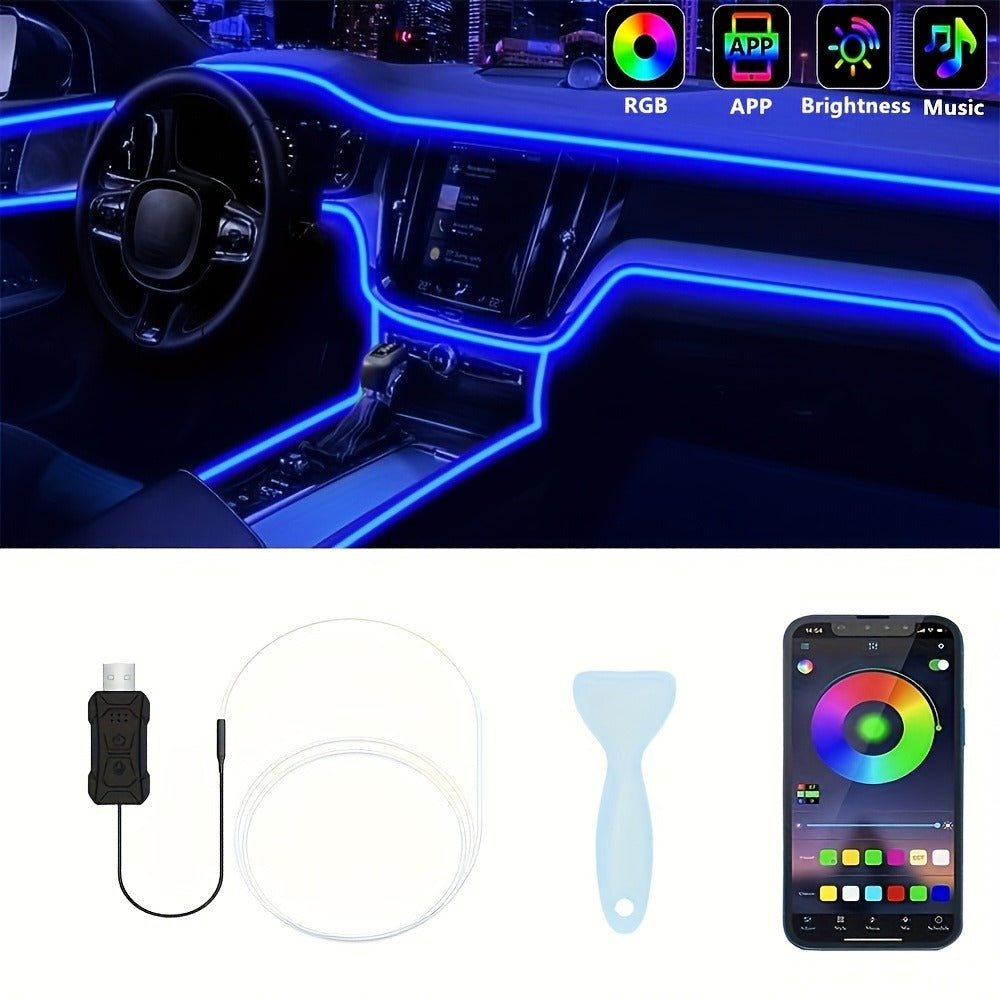 RGB Car Interior LED Strip Lights 16 Million Colors App & Remote Control Music Sync Fiber Optic Ambient Light Bar USB 5V for Car Dashboard Door Decoration, 196" & 5-in-1 Kit Options