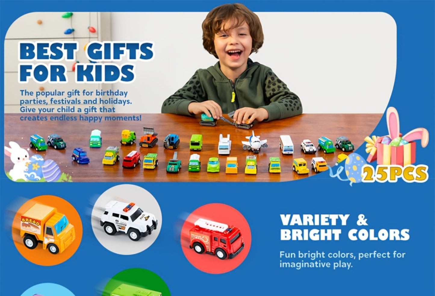 25PCS Pull Back Cars & Trucks Toy Vehicle Set for Kids – Fire Truck, Police Car, School Bus & More, Party Favors, Easter Basket Stuffers, Birthday Christmas Gift for Boys & Girls