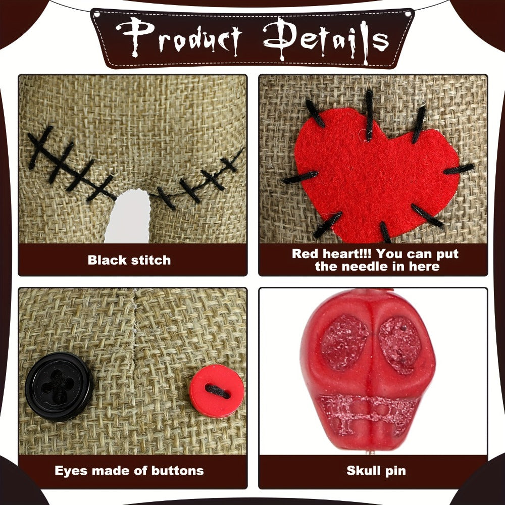 Voodoo Doll Set with 7 Skull Pins – 8-Piece Horror Ghost Doll Kit, Soft Revenge Stress Relief Creepy Doll Pin Holder for Adults (Flaxen)