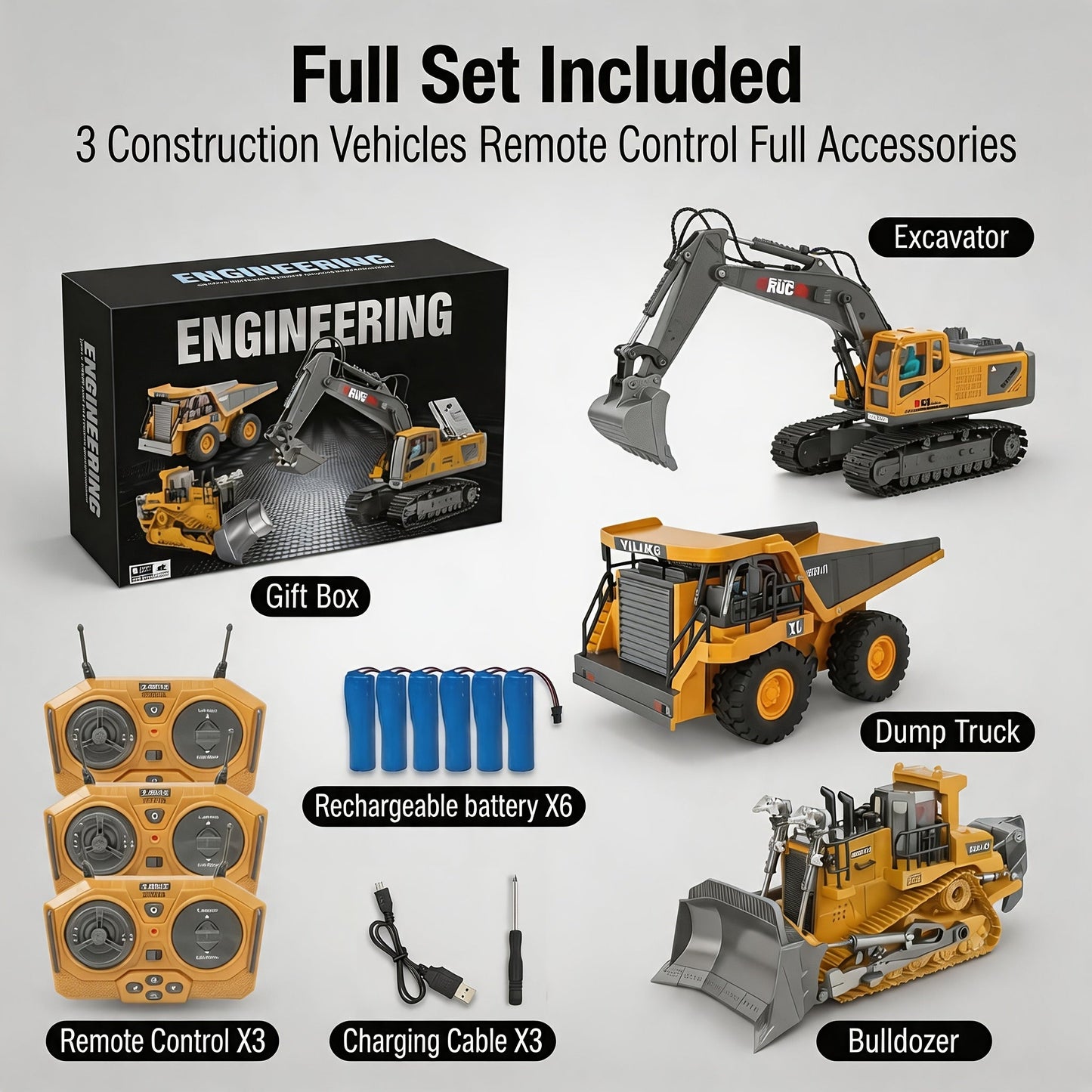 RC Construction Vehicle Set 2/3/4pcs – 2.4GHz 11-Channel Remote Control Excavator Dump Truck Bulldozer Alloy Engineering Toy for Boys Kids Ages 6+, Best Birthday Christmas Gift