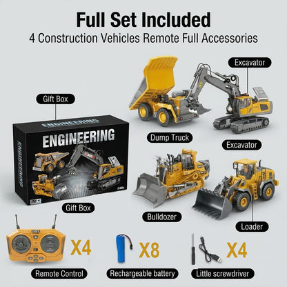 RC Construction Vehicle Set 2/3/4pcs – 2.4GHz 11-Channel Remote Control Excavator Dump Truck Bulldozer Alloy Engineering Toy for Boys Kids Ages 6+, Best Birthday Christmas Gift