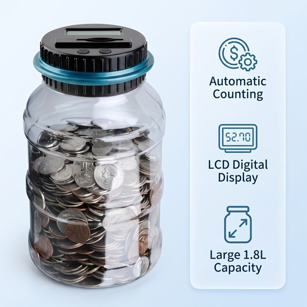 Digital Coin Counting Bank with LCD Counter – Large 60.87oz Capacity Transparent Money Jar for Kids & Adults, Fits All US Coins, Piggy Bank Savings Gift for Boys Girls
