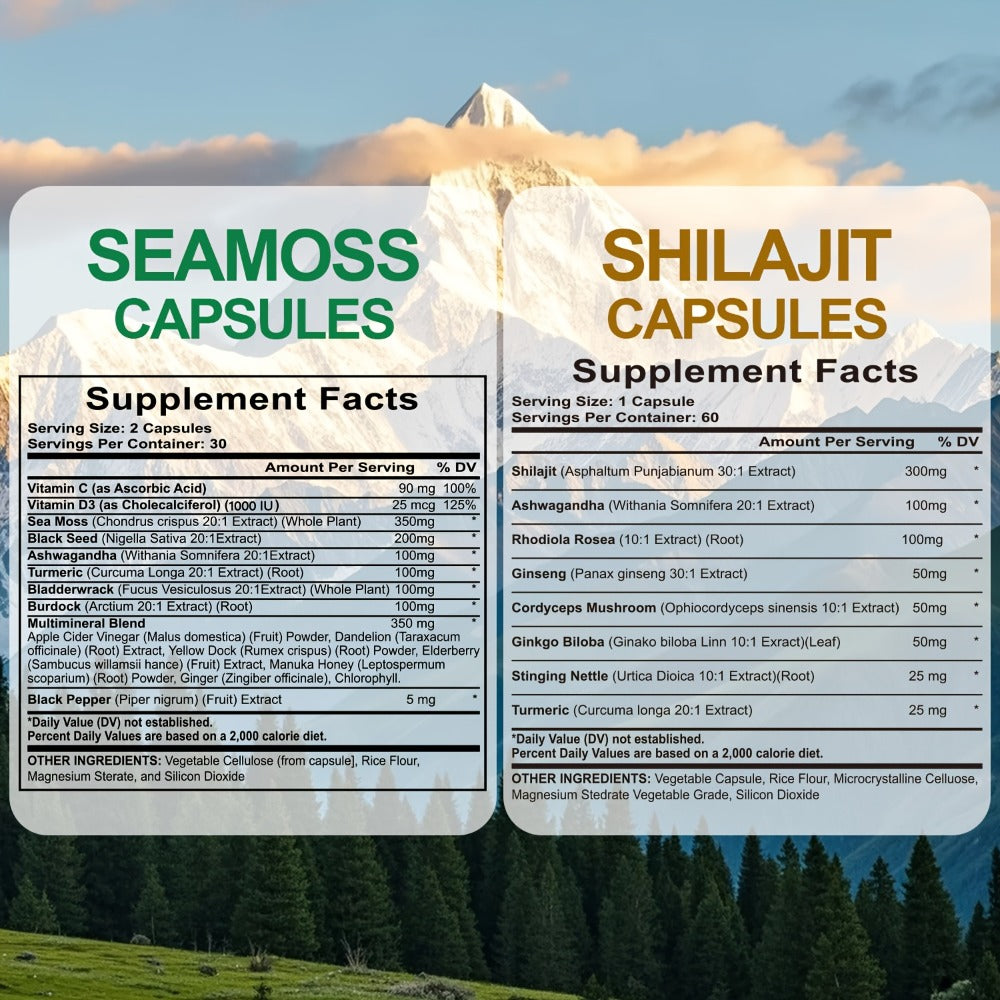 Sea Moss 7000mg & Shilajit Supplement Bundle — Black Seed Oil 4000mg, Ashwagandha 2000mg, Panax Ginseng 1500mg, Rhodiola Rosea | All-in-1 Daily Wellness Capsules