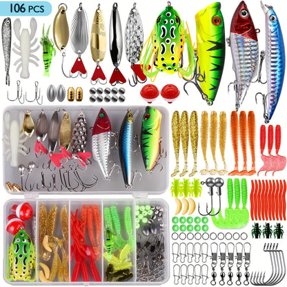 Fishing Lures Kit 78/106/188/361pcs Complete Freshwater Tackle Set with Spoon Lures Soft Plastic Worms Crankbaits Jig Hooks Tackle Box for Bass Trout Salmon Beginners and Experienced Anglers