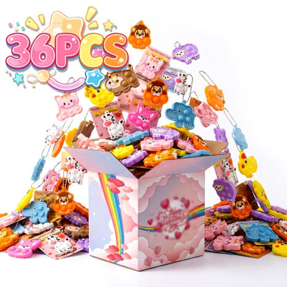 Animal Press Pop Toy Set 32/36pcs – Cute Keychain Fidget Toys for Kids, Party Favors, Classroom Rewards, Birthday Gifts, Backpack Charms, 8 Styles, Colorful Mini Animal Squeeze Poppers