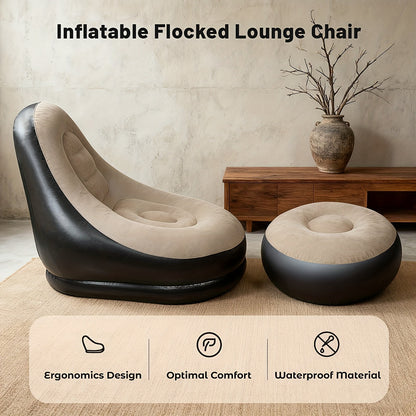 Inflatable Recliner Sofa with Footstool Set - Heavy Duty Portable Folding Air Couch with Plush Fabric & Pump Included, Space-Saving Indoor Outdoor Lounge Chair for Camping, Backyard, Living Room & Travel, 6 Colors Available