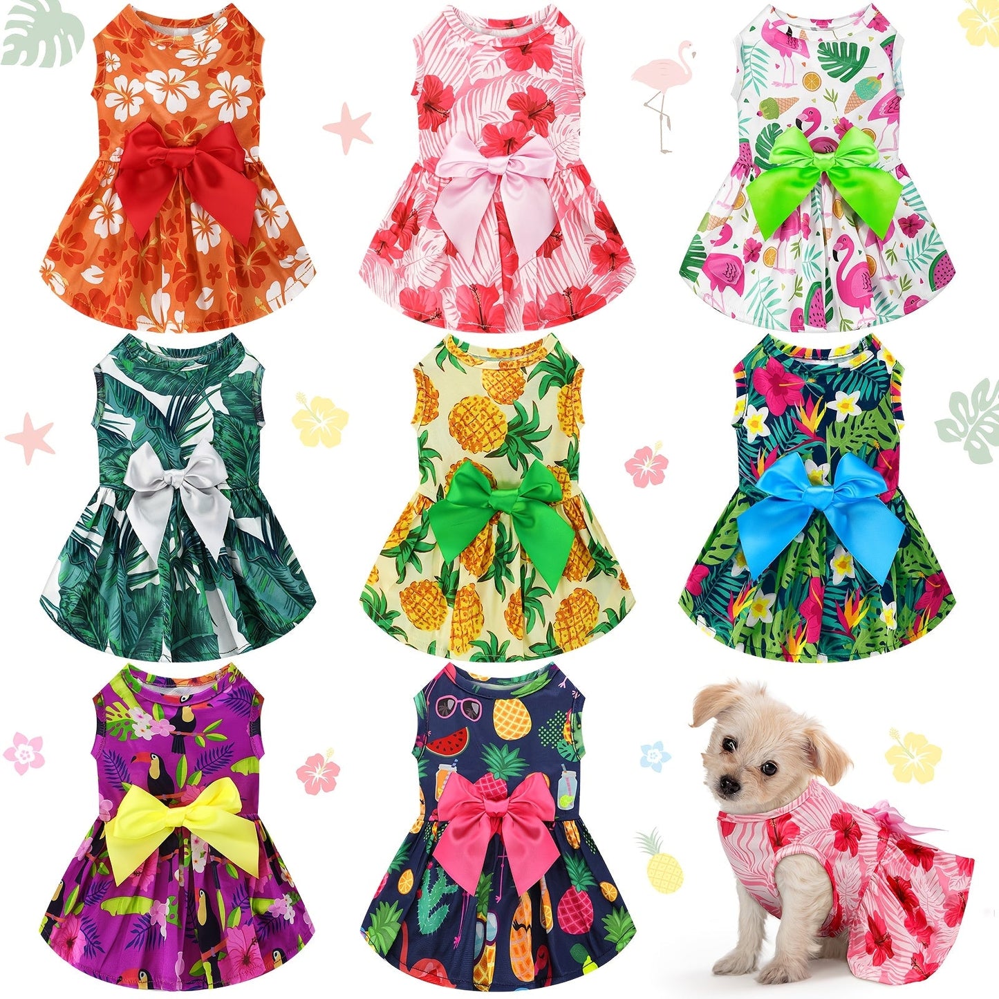 8pcs Summer Themed Hawaii Dog Dresses Holiday Flamingo Fruit Floral Pattern Pet Skirts Hawaii Puppy Princess Dresses Outfits Bowknot for Girl Dogs Cats Beach, Pet Fashion, Beach Outfits, Fruit Print, Bowknot Dress, Durable Stitching, Comfortable Fit