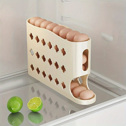 Egg Dispenser for Refrigerator, 4-Tier Automatic Rolling Egg Holder Rack – Space-Saving Egg Storage Organizer for Fridge, Kitchen Cabinet, Countertop and Table