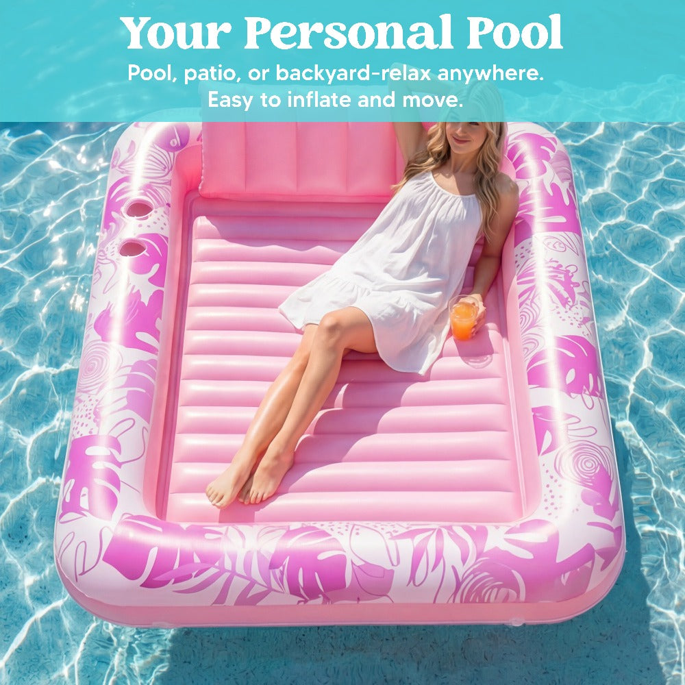 Hot Pink Inflatable Suntan Pool Float Lounger – 4-in-1 Tanning Raft with Built-In Pillow, Sunbathing Bed & Ball Pit | Large 1-Person or XL 2-Person Adult Pool Floatie for Pool Lake Beach