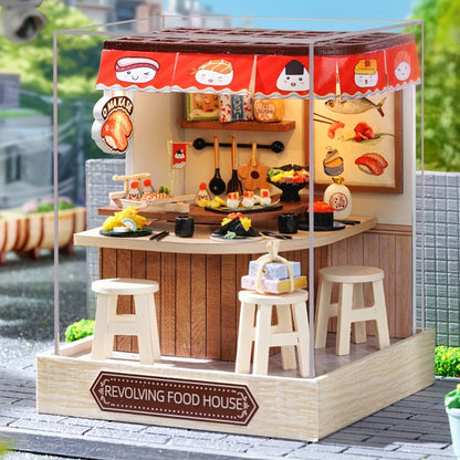 DIY Wooden Tiny House Kit with Dust Cover – Handmade Miniature Dollhouse Puzzle, 3 Themes Afternoon Tea Rotating Food House Moon Magic, Creative Home Decor Gift for Adults & Teens Birthday Christmas