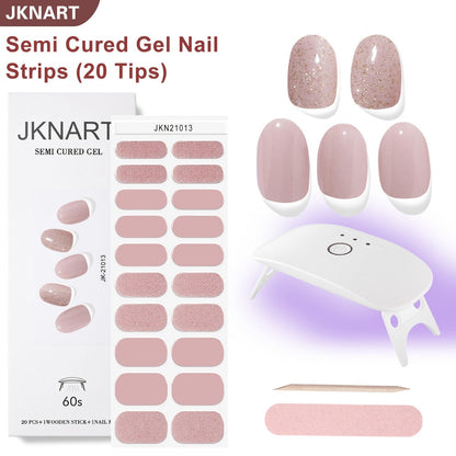Gel Nail Art Kit Semi-Cured Nail Stickers 20 Designs with Portable UV Lamp Full Coverage Soft Gel Nail Patches Nude Nail Wraps for Women Party Birthday Gift Home Manicure