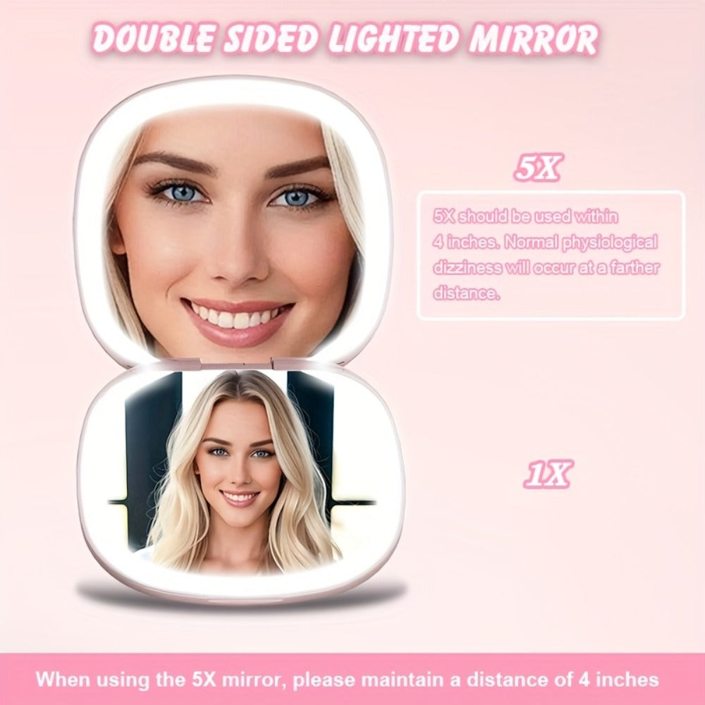 LED Makeup Mirror with 5X Magnification & 3 Color Lights - Dual Sided 1X 5X Lighted Vanity Mirror, Portable Compact Travel Mirror for Women, Purse Desk Office Gift