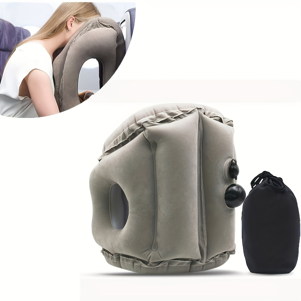 Portable Inflatable Nap Pillow - Comfortable Neck Support For Aviation, Train, Car And Office Use, Easy Nap Air Cushion, Soft Microfiber Cover, Gray