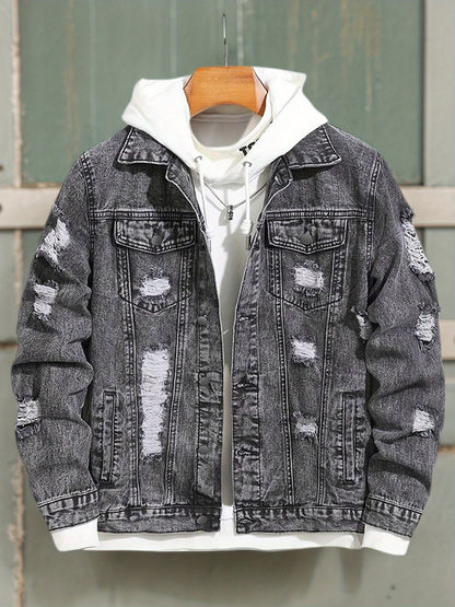 Men's Casual Street Style, with Ripped Details, Comfortable and Versatile, Suitable Casual Wear Trendy with Ripped Design, Made of Durable Snowflake Fabric