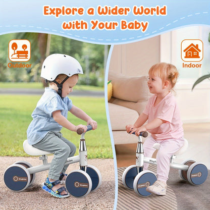 4 Wheel Balance Bike for Baby Toddlers 10-36 Months – Lightweight First Bike with Adjustable Seat, 90° Steering Limit & Silent Anti-Slip Tires | Best 1st Birthday Gift for Boys and Girls