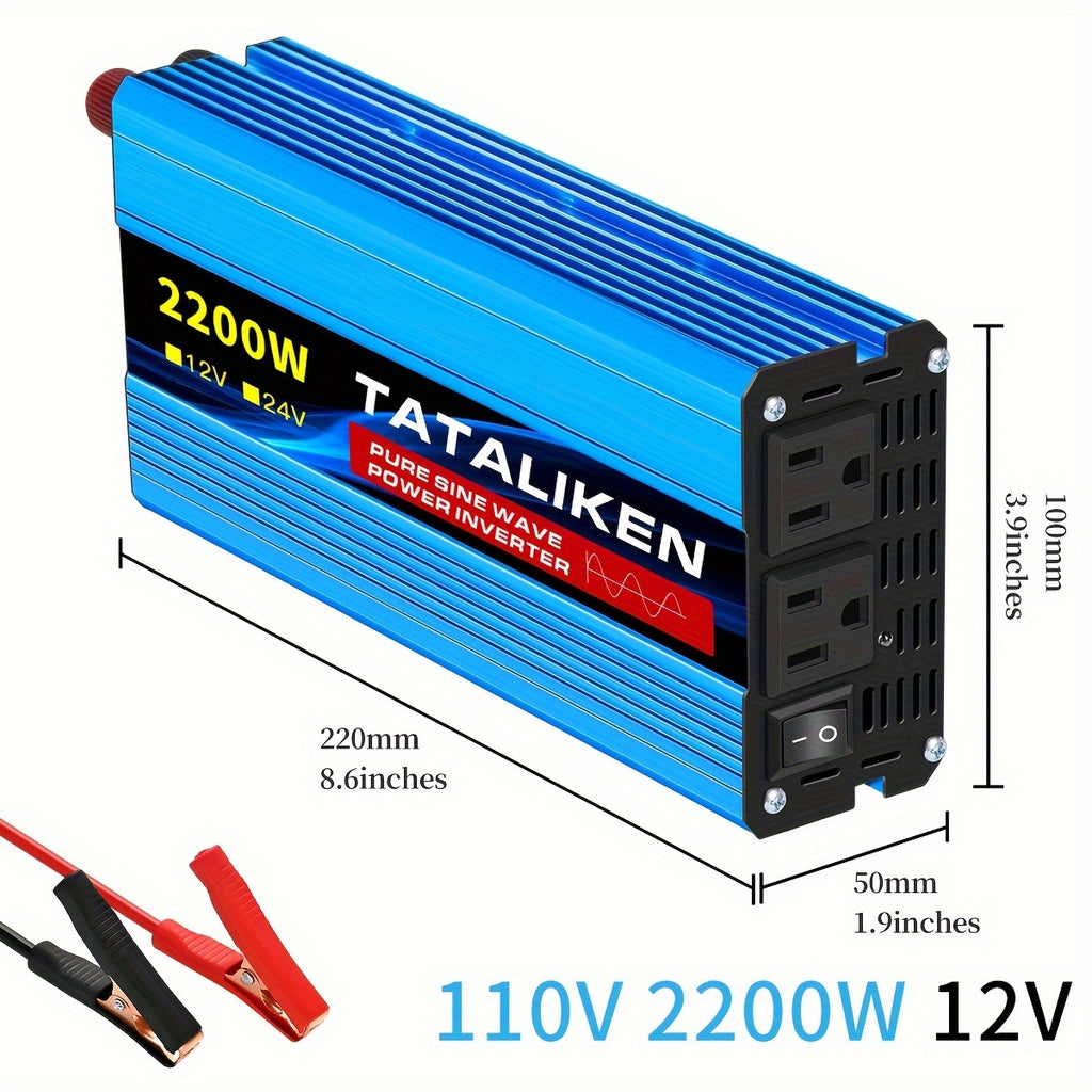 TATALIKEN 2200Watt Pure Sine Wave Inverter, 12V/24V DC to 110V AC | 2 AC Output Outlets, Suitable for RVs, Trucks, Off-grid Systems, Homes And Vehicles, Truck Power Supplies, Electronic Accessories, Batteries Not Included.