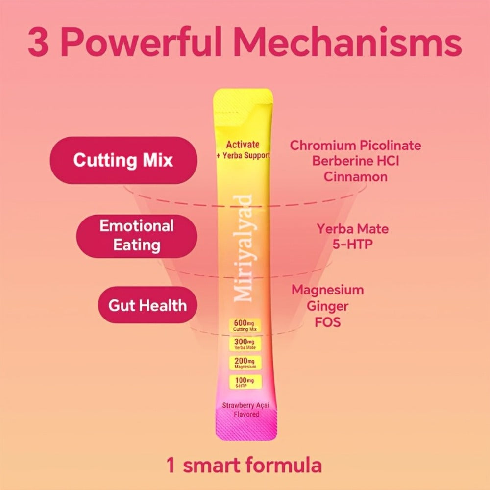 Berberine Supplement Sticks with Yerba Mate — Strawberry Acai Flavor Vegan Cutting Mix | Natural Metabolism Blood Sugar & Energy Support | Gluten-Free Dairy-Free | 30 Stick Packs Per Bottle
