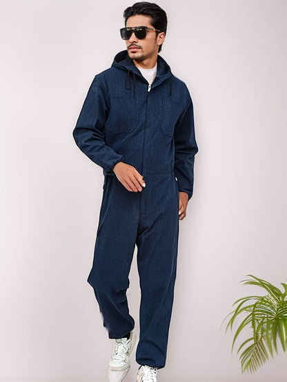 Unisex Hooded Denim-Look Coveralls - Loose Fit Zipper Front