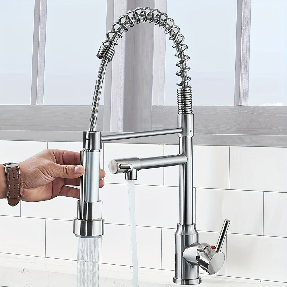 Kitchen Faucet with Pull Down Sprayer Single Handle Single Hole High Arc Spring Commercial Sink Faucet – 360° Swivel Splash-Proof Nozzle, Matte Black Chrome Brushed Nickel, Modern Monobloc Mixer Tap