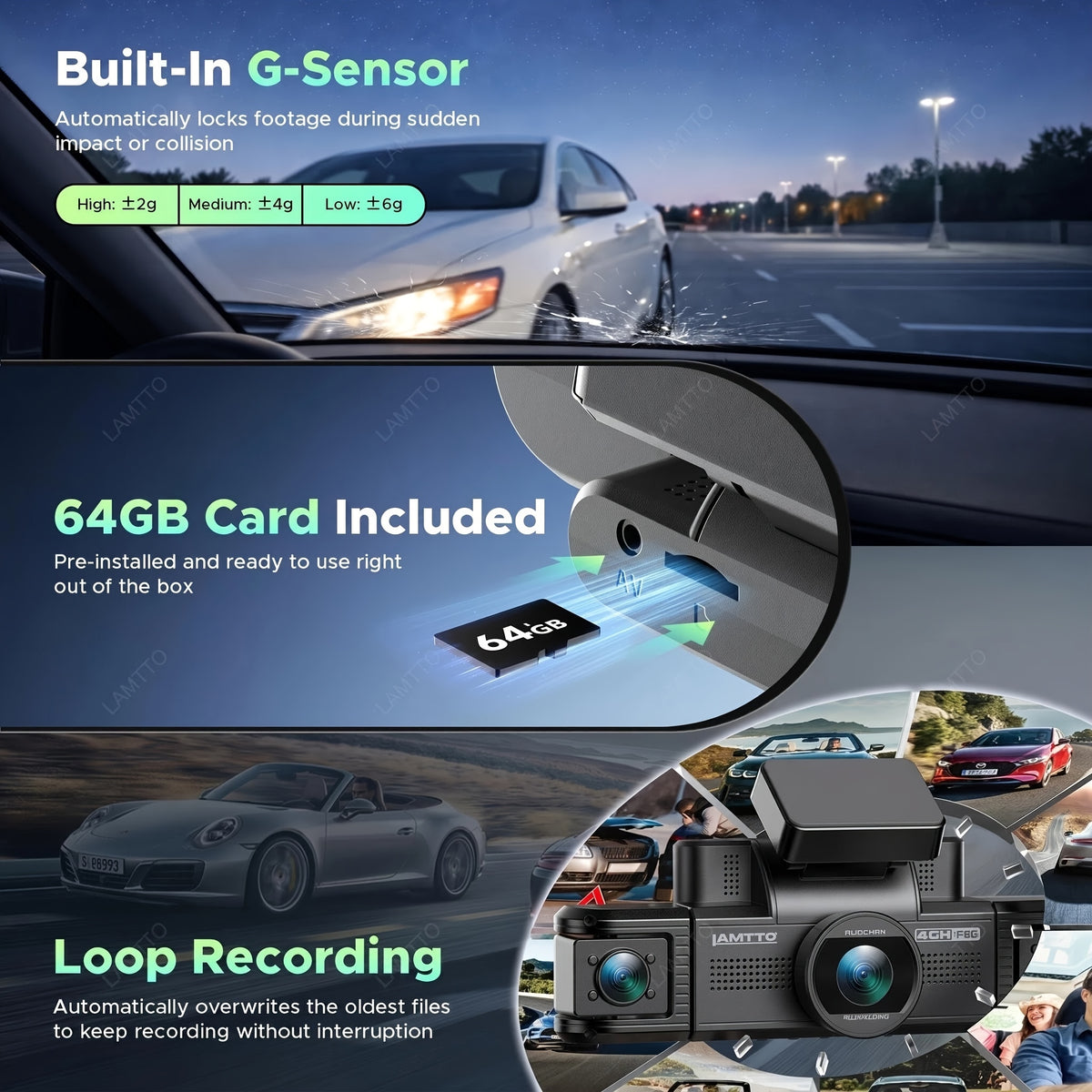 Lamtto 4 Channel Dashcam 360° View Dash Cam Front and Rear Inside 2K+1080P+1080P,+1080P, Dash Camera for Cars, 8 IR Lamps Night Vision, 5G WiFi & APP Control, G-Sensor, Parking Mode, with a Hardwire Kit