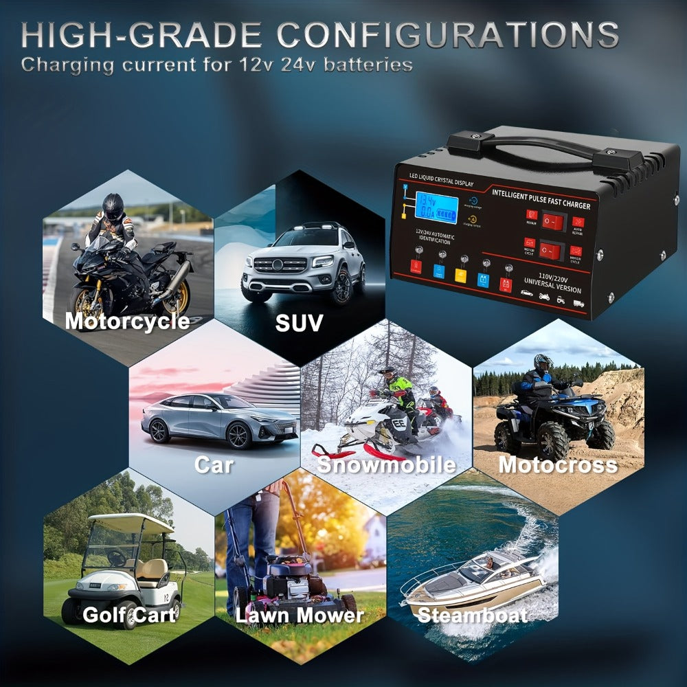 Smart Battery Charger 12V & 24V with LCD Display – Intelligent Trickle Charger, Smart Repair, Overcharge & Short Circuit Protection for Cars SUVs Trucks Motorcycles Yachts