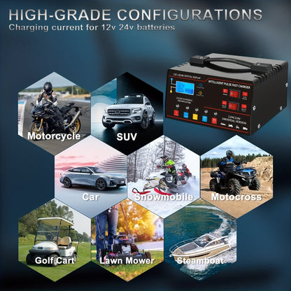 Smart Battery Charger 12V & 24V with LCD Display – Intelligent Trickle Charger, Smart Repair, Overcharge & Short Circuit Protection for Cars SUVs Trucks Motorcycles Yachts
