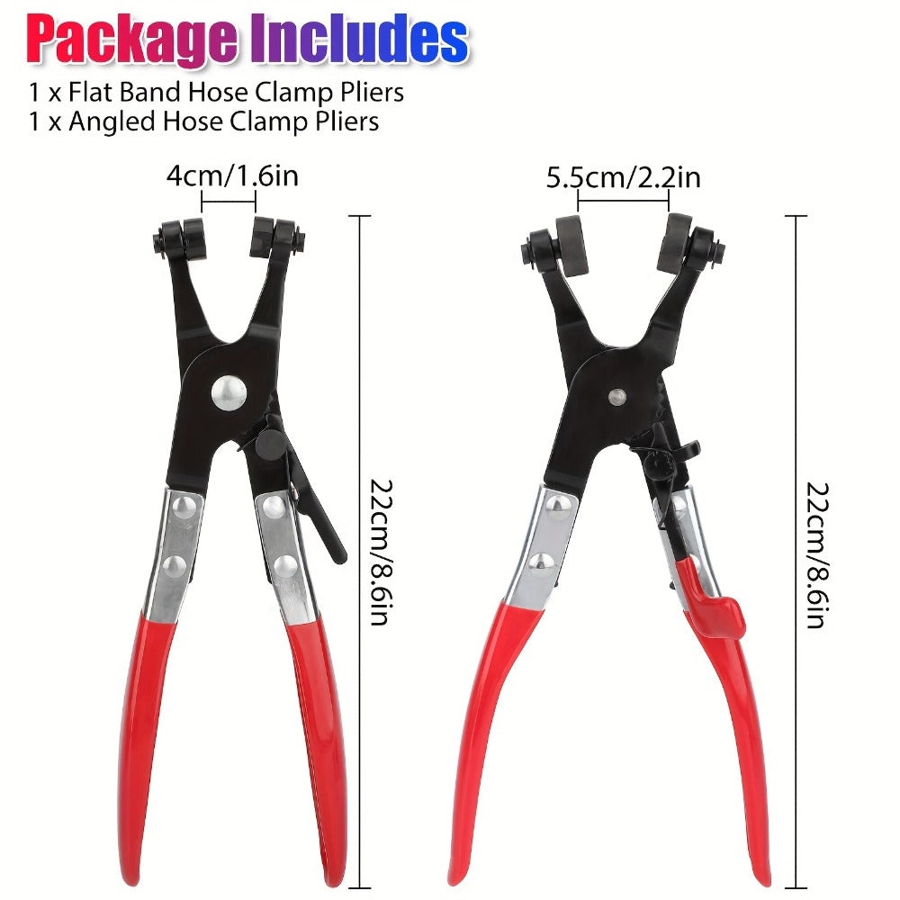 Hose Clamp Pliers Set 2-Piece - Angled Swivel Jaw Locking Pliers for Fuel, Coolant & Flat Band Hose Clamps, Manganese Steel, Anti-Slip Handle for Auto, Industrial & DIY Repair