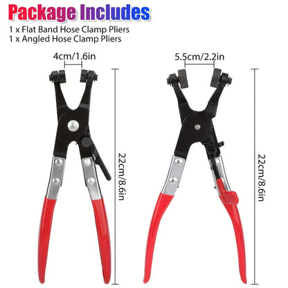 Hose Clamp Pliers Set 2-Piece - Angled Swivel Jaw Locking Pliers for Fuel, Coolant & Flat Band Hose Clamps, Manganese Steel, Anti-Slip Handle for Auto, Industrial & DIY Repair