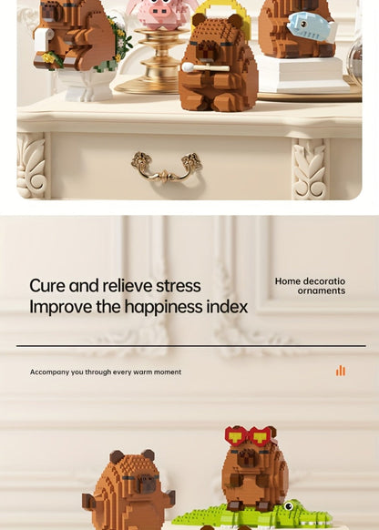 Capybara Micro Brick Building Set 562pcs Collector Edition – Miniature DIY Assembly Desk Decor Stress Relief Toy for Kids Teens Adults Capybara Lover Gift Birthday Easter Christmas Multiple Scenes
