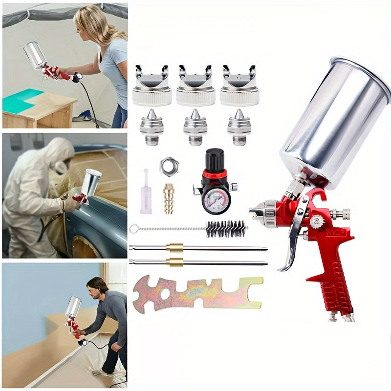 3 Nozzle Air Spray Gun Kit Auto Paint Car Primer Detail Basecoat Clearcoat, Auto Paint Spray Gun, Air Spray Gun With 1.4/1.7/2.0mm Nozzles, For Walls, Automotive, Home Improvement (Red)