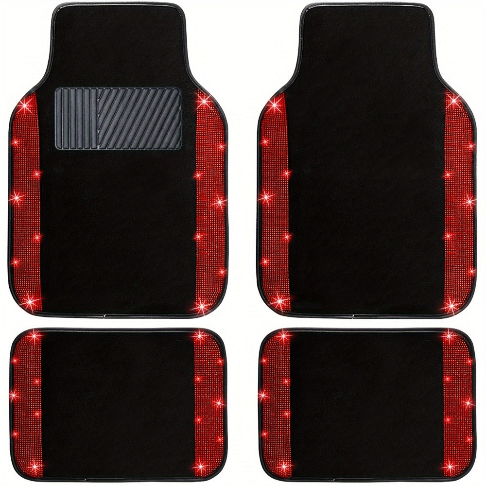 Bling Car Floor Mats Full Set – Rhinestone Sparkle Glitter Diamond Carpet, Universal Fit Cars SUV Trucks, 4pcs Anti-Slip Pad, Cute Car Accessories for Women & Girls