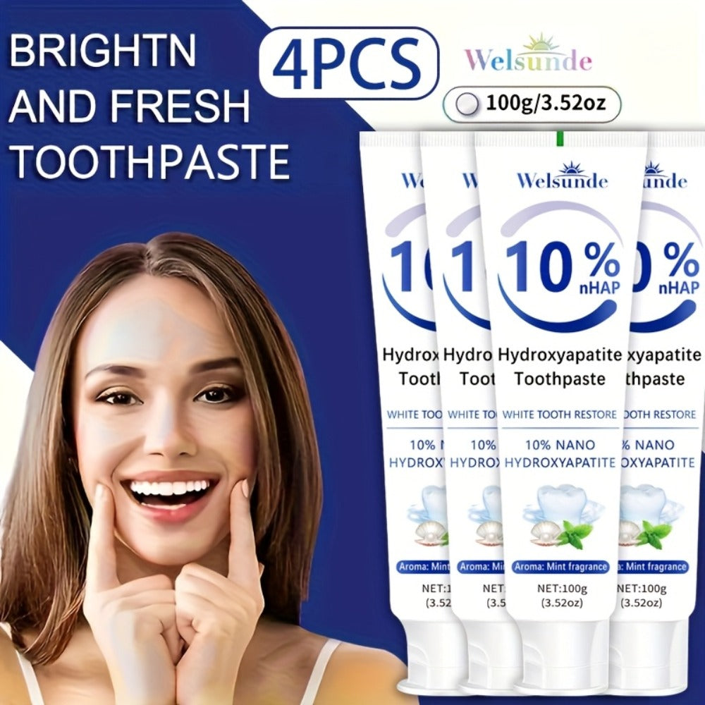 Hydroxyapatite Toothpaste 4-Pack – 10% Nano Formula with Baking Soda, Deep Cleaning & Whitening Gel, Mint Fresh Breath, Fluoride-Free Daily Oral Care for Everyone, Home & Travel Sleek Tube Design (400g)